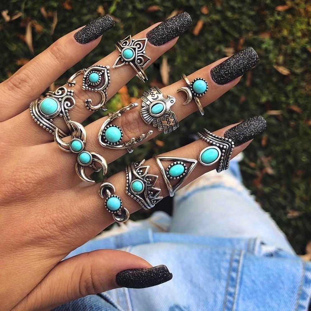 *HALONA* 11-Pc Silver Moon x Turquoise Ring Set